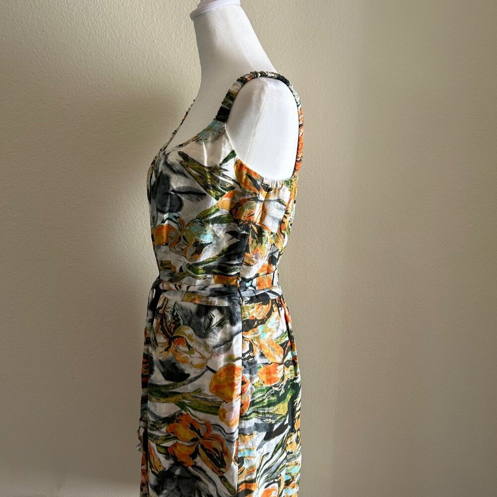 Floral Linen Midi Dress L Square Neck Sleeveless Belted Euro Summer Vacation - Picture 4 of 9